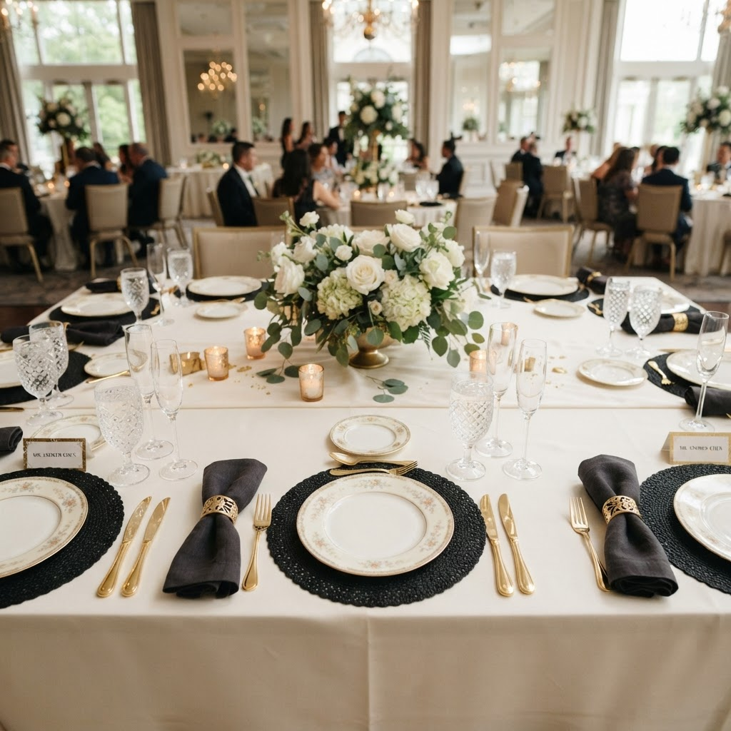 Black-tie wedding banquet table with black chargers and gold flatware set on SlipSafe liners