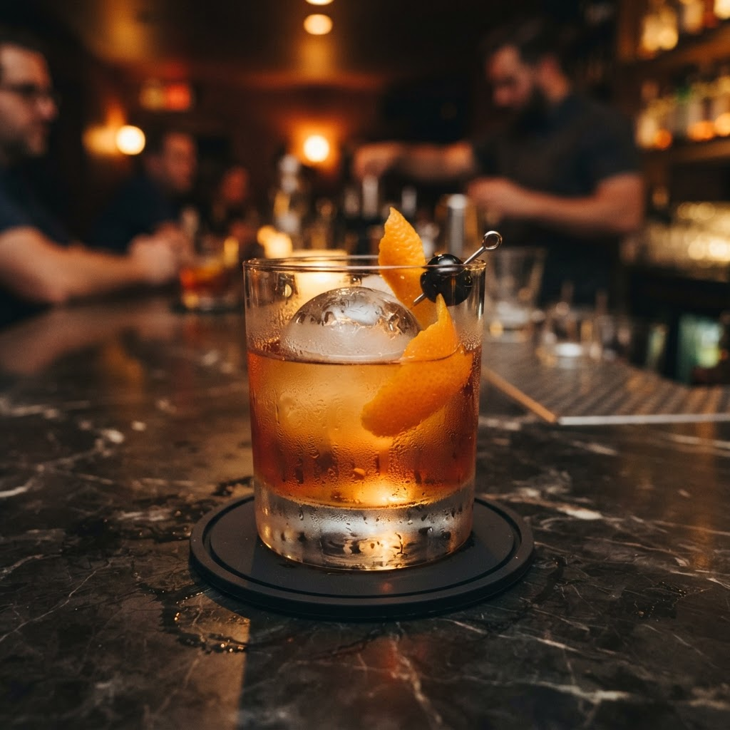 Old fashioned cocktail resting on a SlipSafe coaster at a dark marble bar
