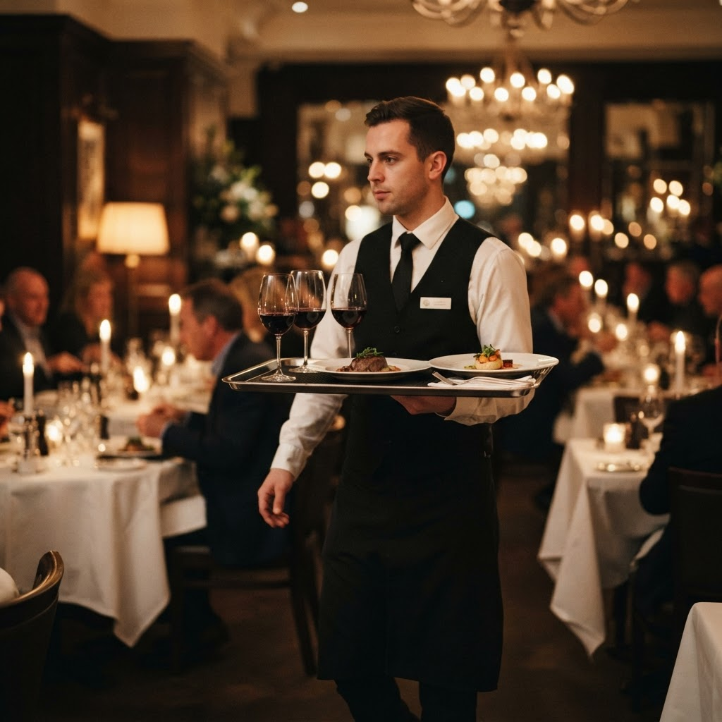 Server smiling while carrying a plated dish on a SlipSafe liner through a candlelit restaurant