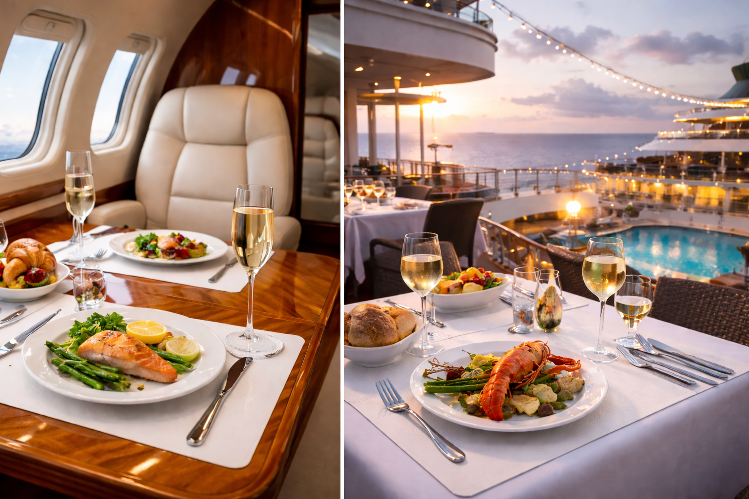 Split view of private jet dining and cruise ship sunset dining, both set on SlipSafe liners
