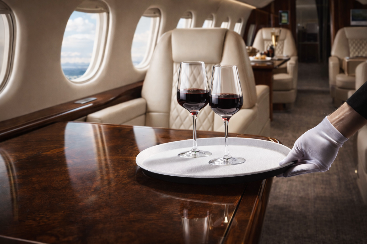 White-gloved attendant presenting wine on a SlipSafe non-slip lined tray aboard a private jet