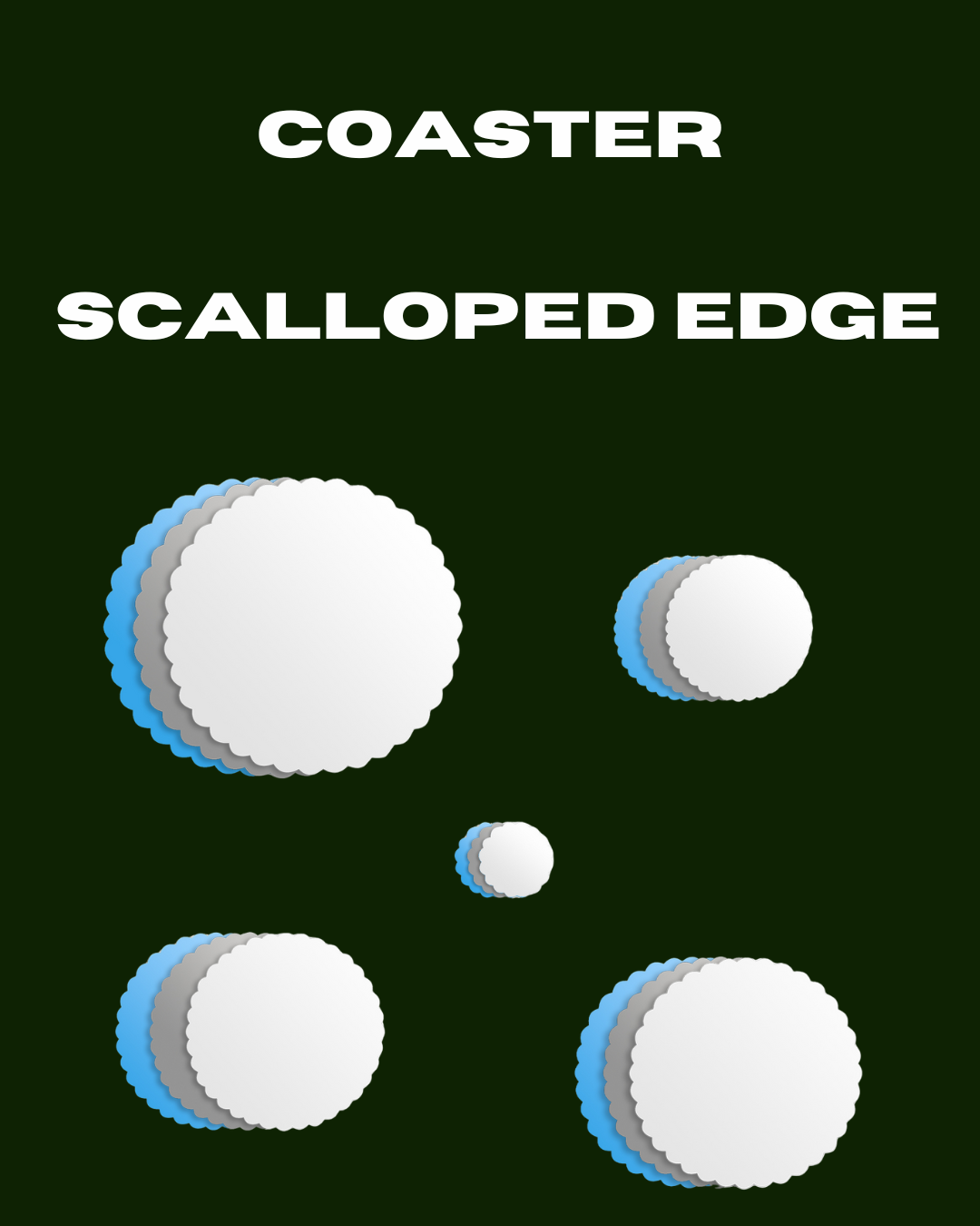SlipSafe coaster with scalloped edge in five sizes, shown in white, silver, and blue