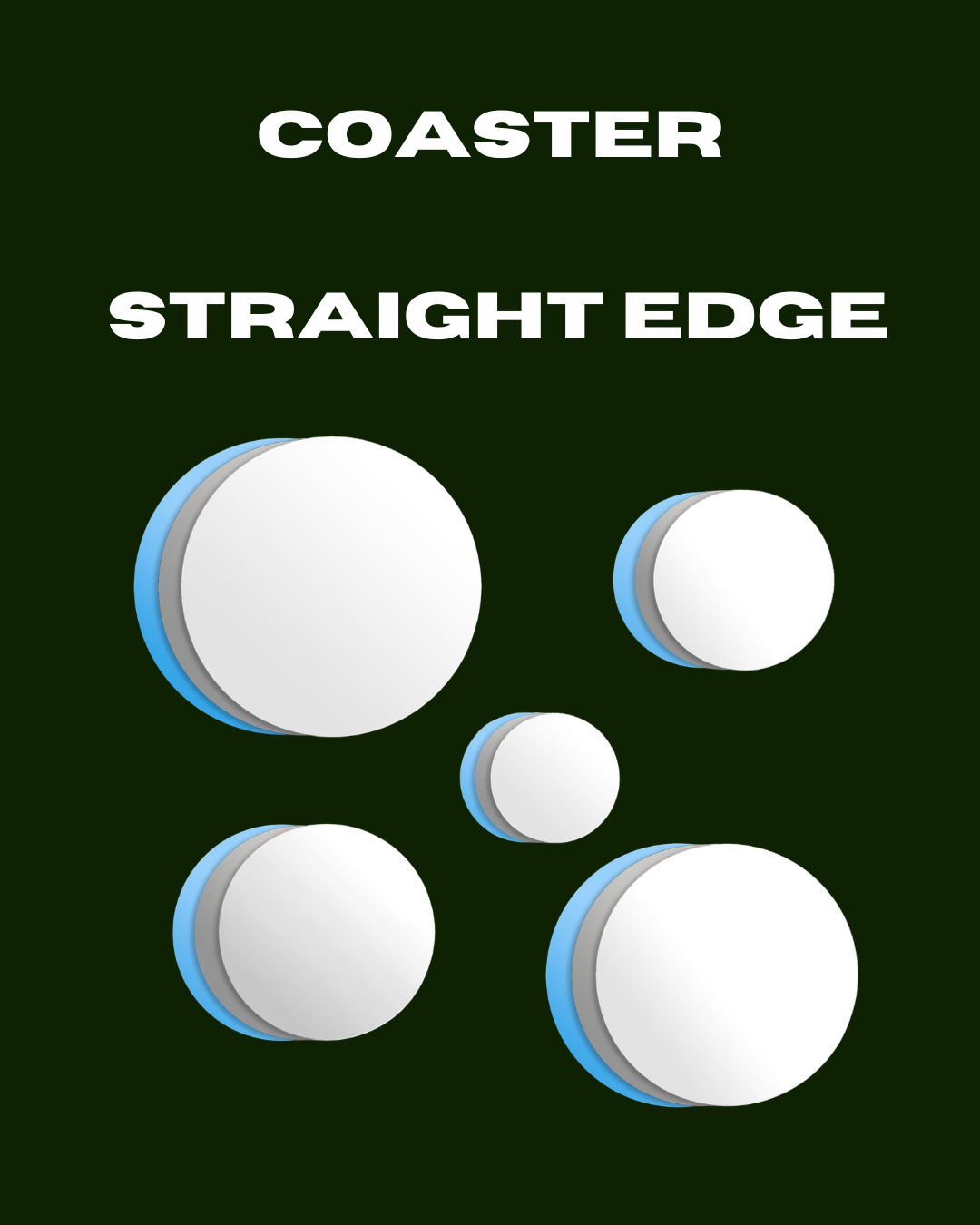 SlipSafe coaster with straight edge in five sizes, shown in white, silver, and blue