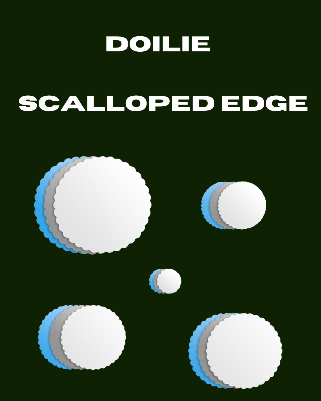 SlipSafe doilie with scalloped edge in five sizes, shown in white, silver, and blue