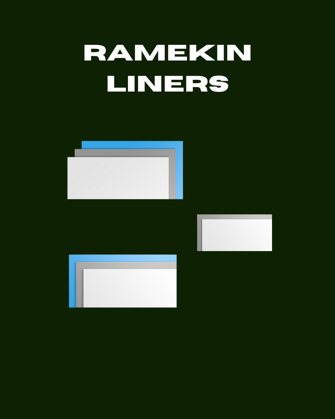 SlipSafe rectangular ramekin liners in three sizes, shown in white, silver, and blue