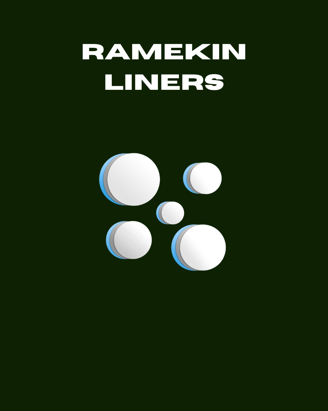 SlipSafe round ramekin liners in five sizes, shown in white, silver, and blue
