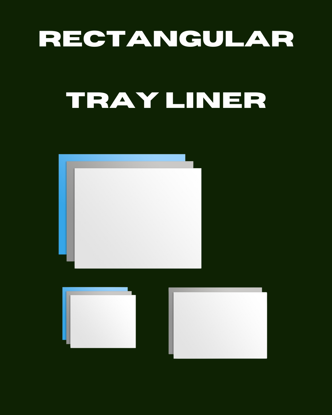 SlipSafe rectangular tray liners in three sizes, shown in white, silver, and blue