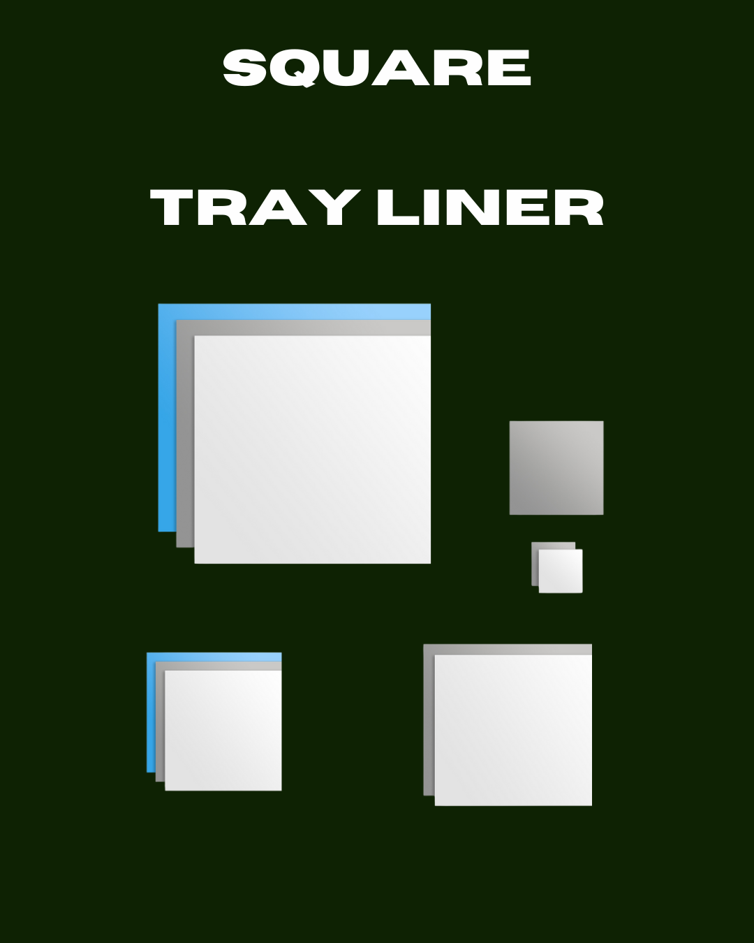SlipSafe square tray liners in multiple sizes, shown in white, silver, and blue