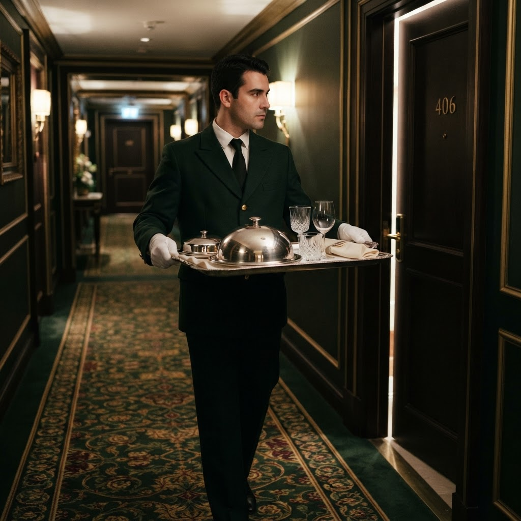 Hotel butler carrying a silver room service tray with a SlipSafe non-slip liner down a hotel corridor