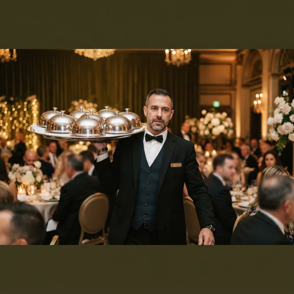 Banquet server carrying a tray of domed plate covers through a wedding reception on a SlipSafe oval liner
