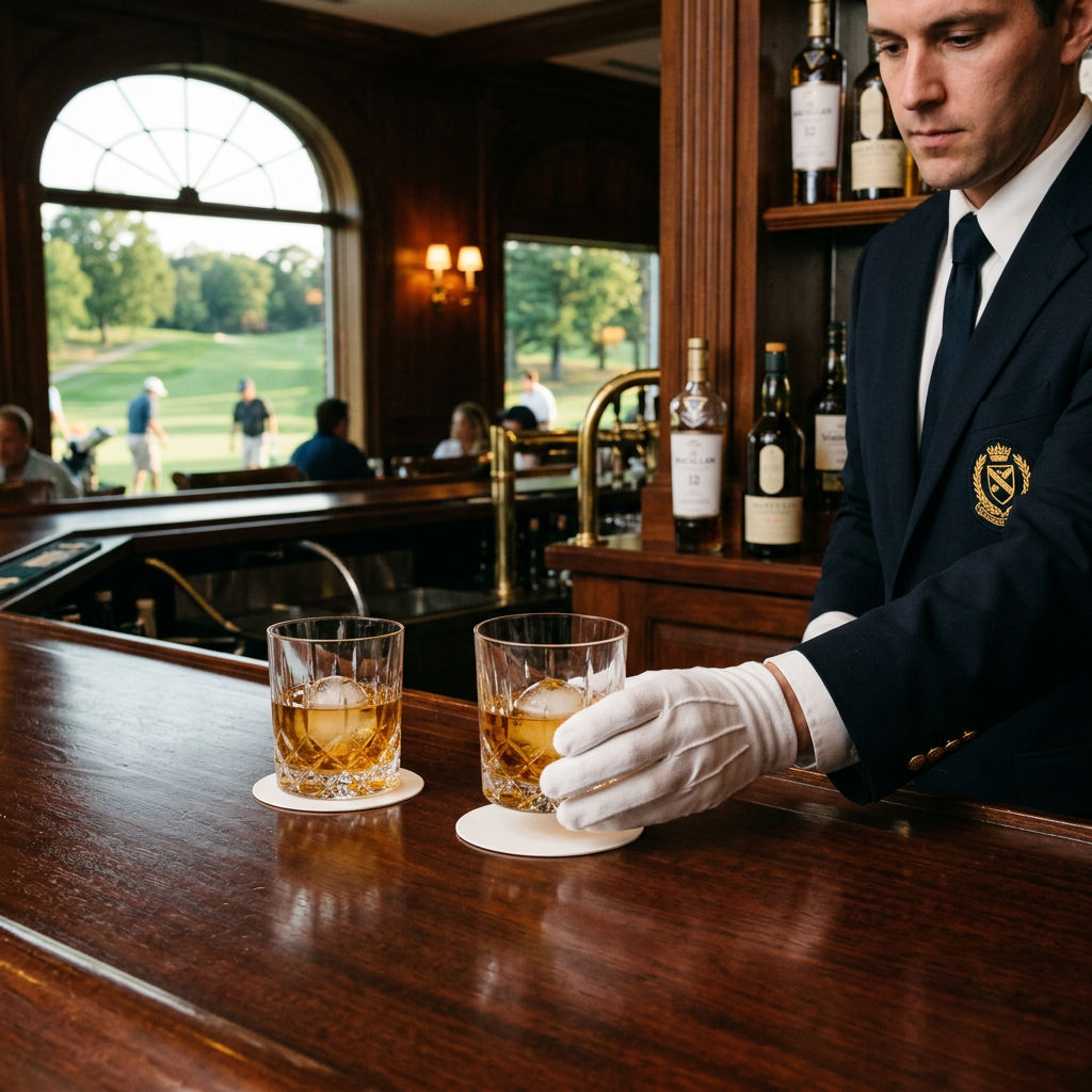 Clubhouse attendant serving two whiskey glasses on SlipSafe coasters with a golf course view behind