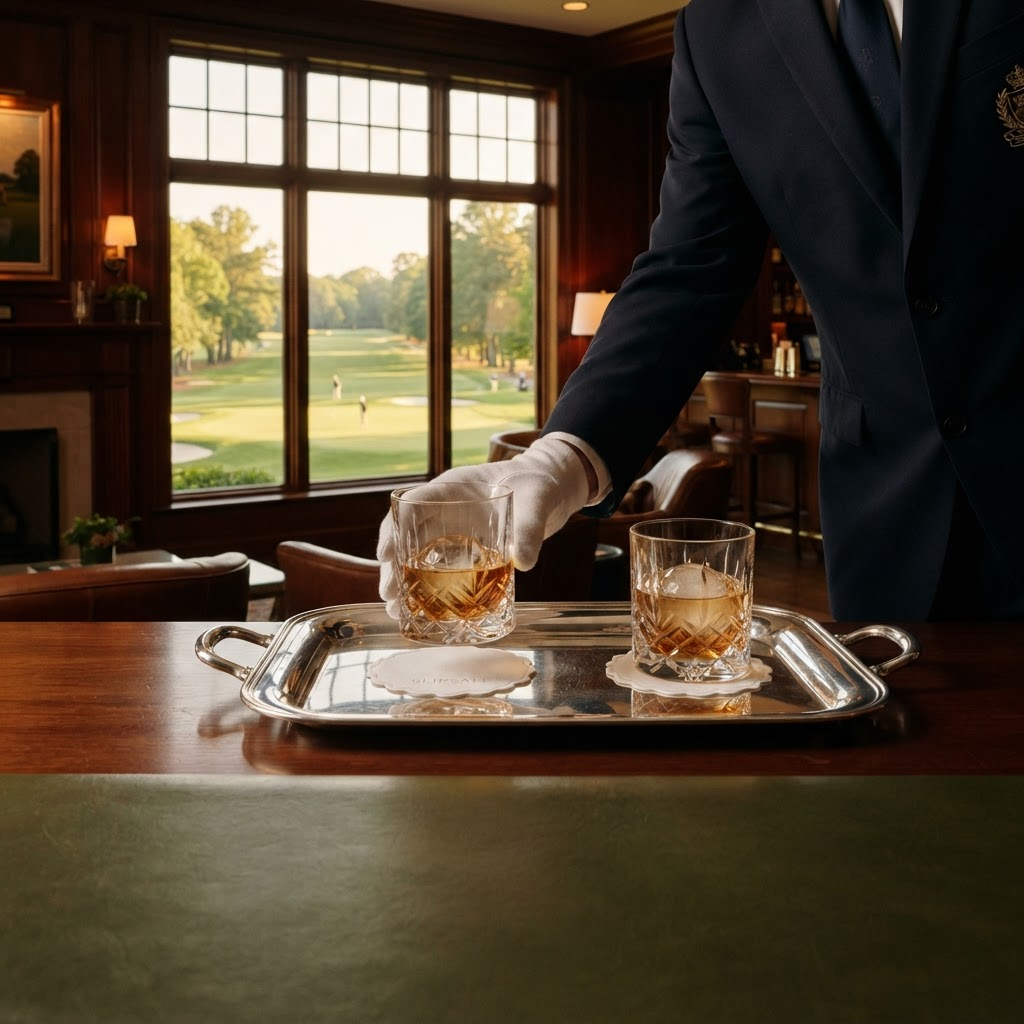 Clubhouse attendant serving two whiskey glasses on SlipSafe coasters with a golf course view behind