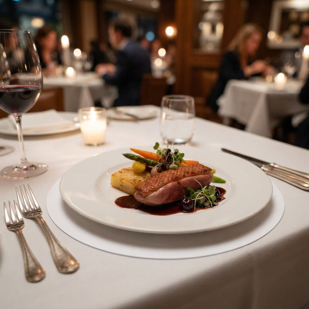Server delivering a plated entree on a SlipSafe doily liner in a fine-dining room