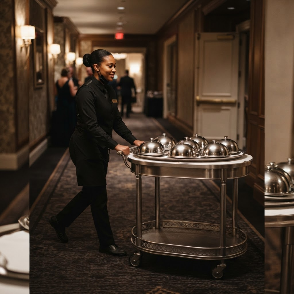 Oval tray liner on a banquet cart being pushed through a hotel corridor
