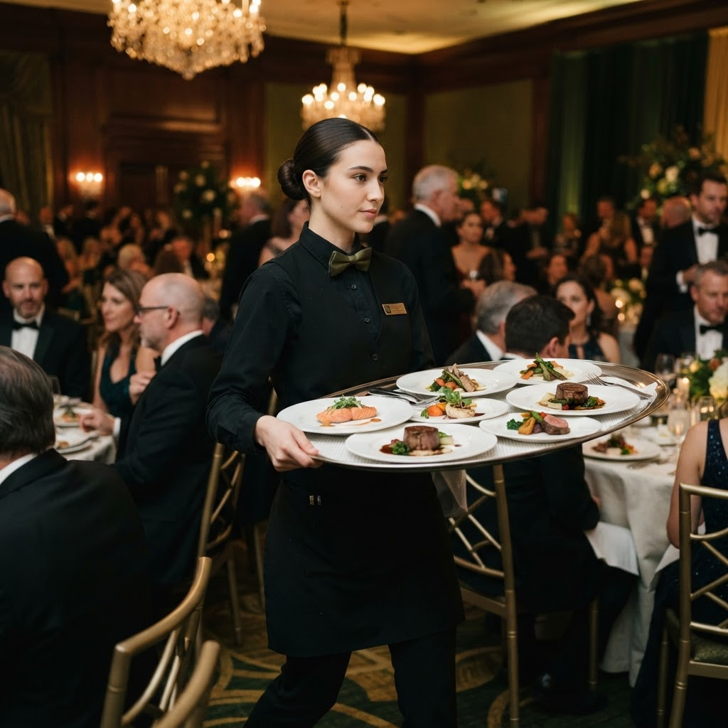 Server carrying an oval tray of plated entrees through a black-tie gala on a SlipSafe oval liner