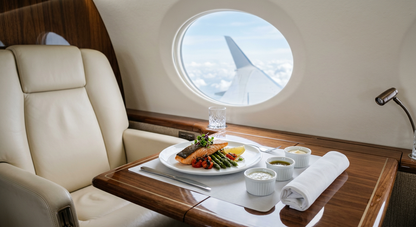 Flight attendant serving a plated meal with ramekins on a SlipSafe liner aboard a private aircraft