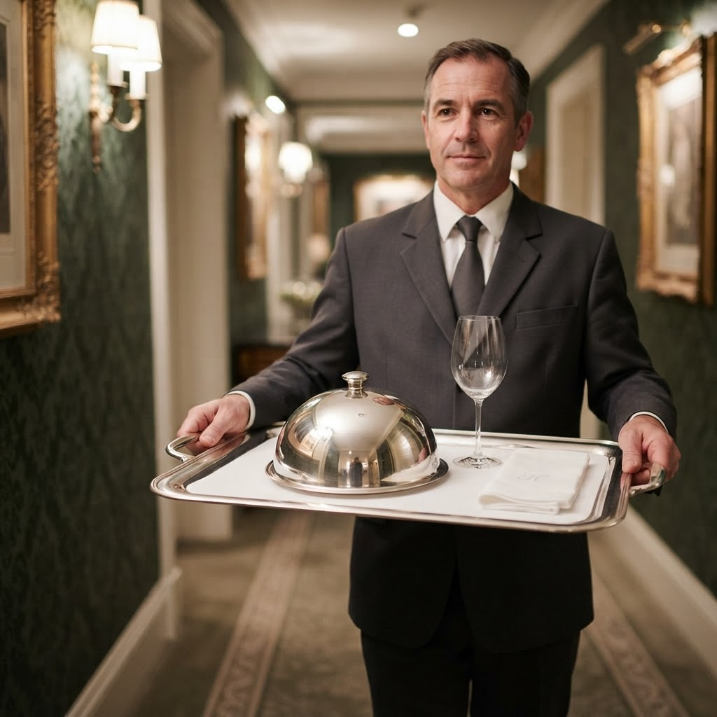Hotel butler carrying a silver room service tray with a SlipSafe non-slip liner down a hotel corridor
