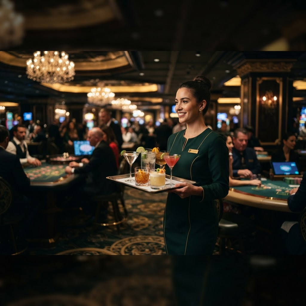 Casino cocktail server carrying a tray of mixed drinks on a SlipSafe square liner across the gaming floor