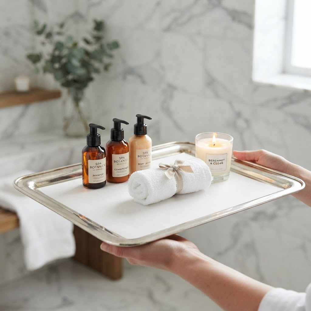 Hotel spa attendant carrying an amenity tray with a candle and toiletries on a SlipSafe square liner