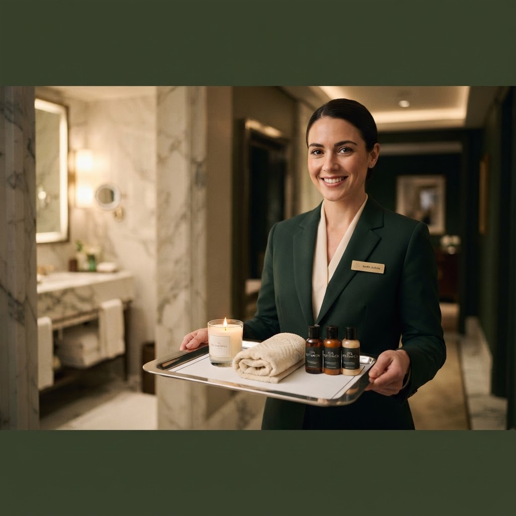 Hotel spa attendant carrying an amenity tray with a candle and toiletries on a SlipSafe square liner