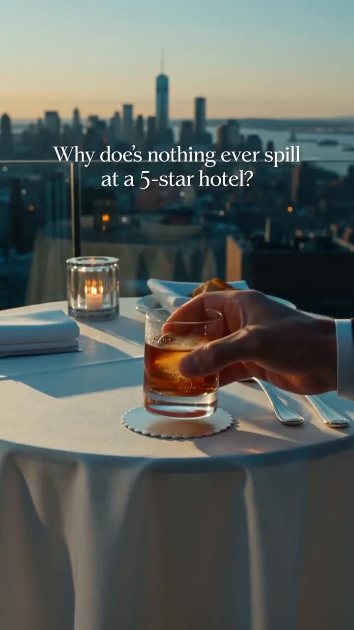 Whiskey glass resting on a SlipSafe coaster at a city-view fine-dining table
