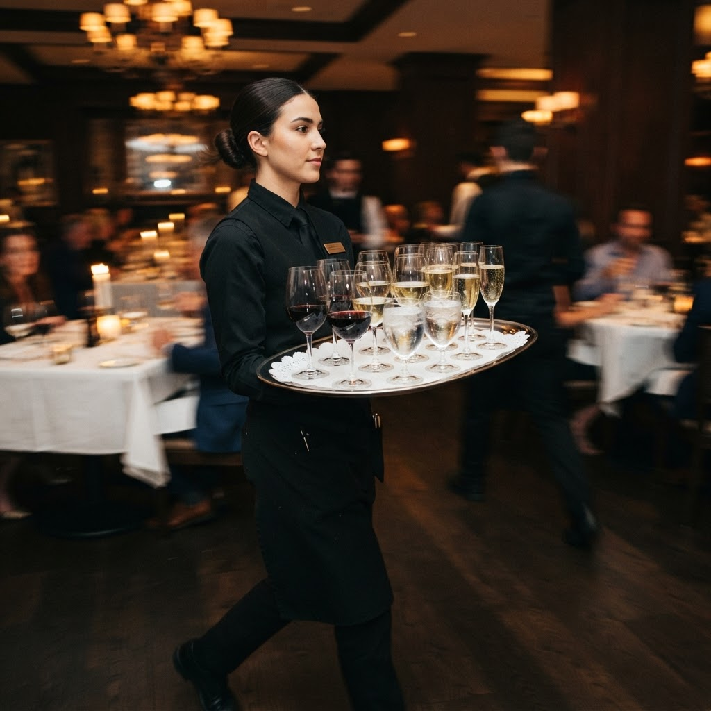 Server walking a fully set tray through a dining room takes a bump and the glassware stays put