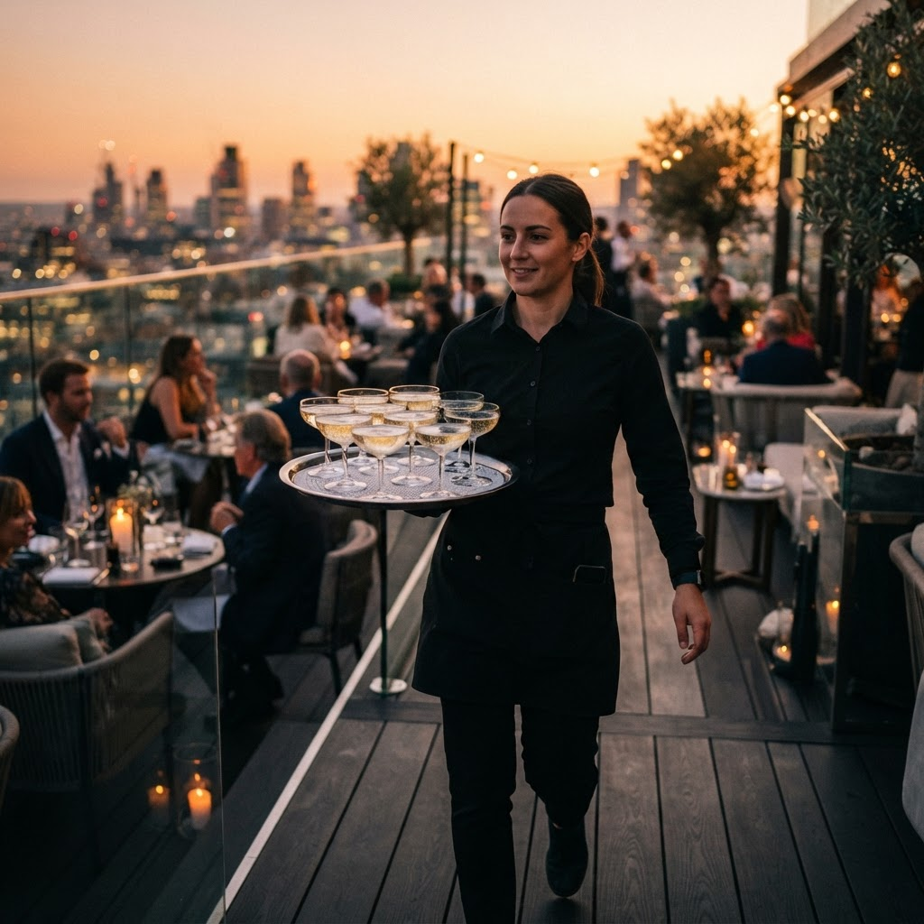 Server carrying a tray of champagne coupes across a rooftop terrace on a SlipSafe liner