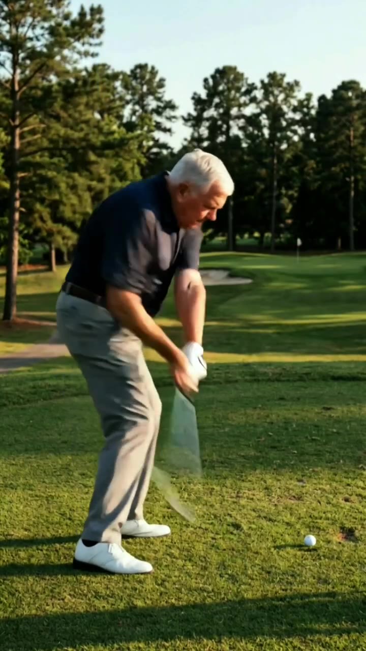 Golfer mid-swing on a golf course at golden hour
