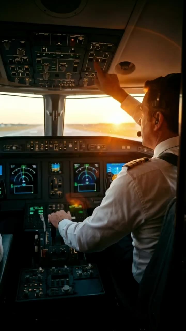 Pilot in an aircraft cockpit on approach at sunset
