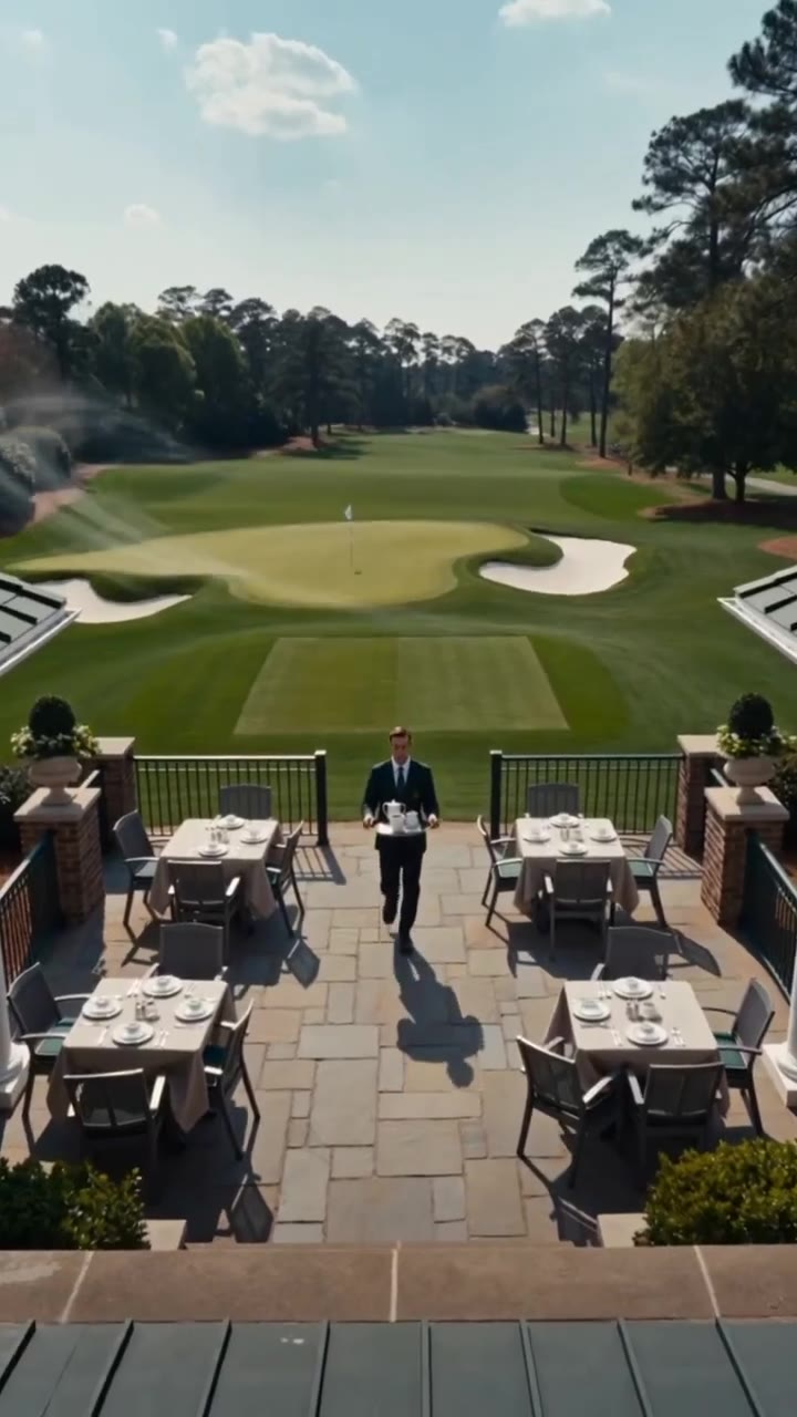 Server carrying a coffee service across a golf clubhouse terrace overlooking the course