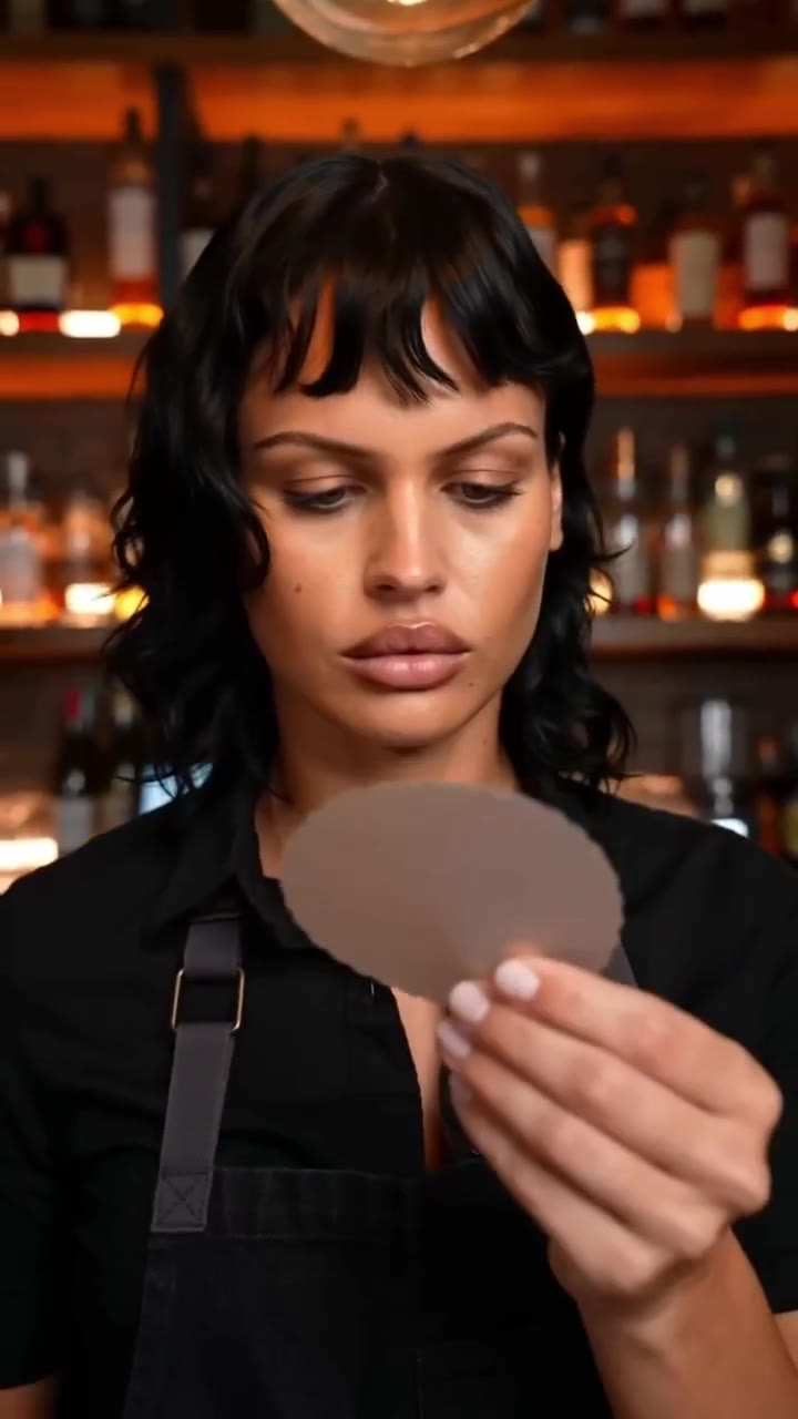 Bartender behind a dimly lit bar holding up a round SlipSafe coaster to inspect it